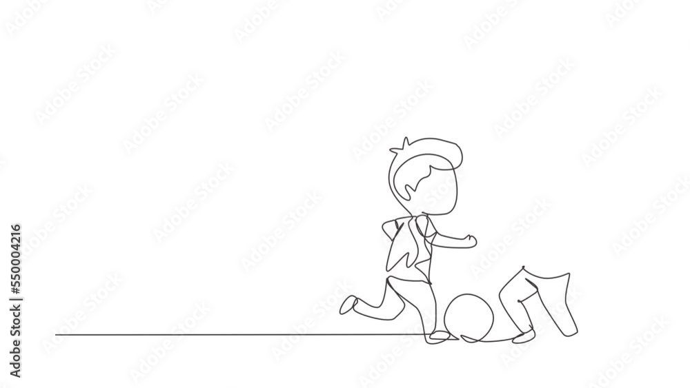 Self drawing animation of single line draw boys playing football. Two kids playing sport in uniforms. Smiling children kicking ball by foot between them. Continuous line draw. Full length animated Self drawing animation of single line draw boys playing football. Two kids playing sport in uniforms. Smiling children kicking ball by foot between them. Continuous line draw. Full length animated