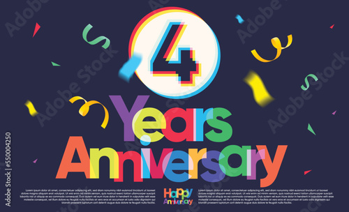 colorful four years anniversary greeting message on dark background, exploding confetti