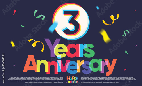 colorful three years anniversary greeting message on dark background, exploding confetti