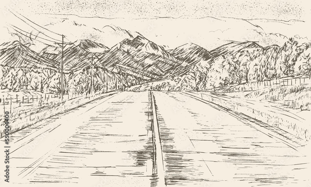 Obraz premium Hand drawn sketch of a mountain with a wide road in front of it
