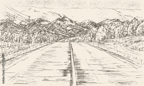 Hand drawn sketch of a mountain with a wide road in front of it