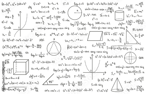 Mathematics theory and mathematical formula. Handwritten symbols isolated on white background with hand drawn formulas used for school education and paperwork. Vector illustration.