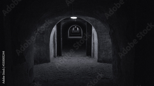 A long dark tunnel of a bomb shelter with a light at the end of the tunnel. Shelter of a bomb shelter in wartime Black and white photography