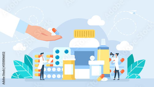 Medical personnel prescribe treatment. Medicines on hand. Rx medical prescription. The doctor prescribes a recipe, disease therapy pills, and painkiller drugs. Pharmacy control. Vector illustration