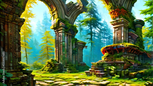 Ruins in a fairytale imaginative colourful forest with intricate wall painting on a sunny day - bright colours - painting - illustration