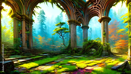 Ruins in a fairytale imaginative colourful forest with intricate wall painting on a sunny day - bright colours - painting - illustration - Generative AI © 39