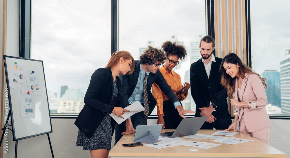 Fototapeta premium Multiracial business people having meeting and brainstorming discussed about work in conference room in the creative office.