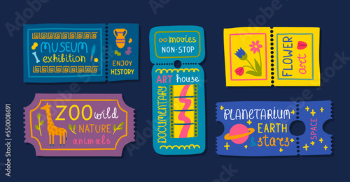 Vector tickets to different events set. Entrance attendance tickets for history museum, flower art, zoo, art house movies and planetarium space exhibition illustration isolated