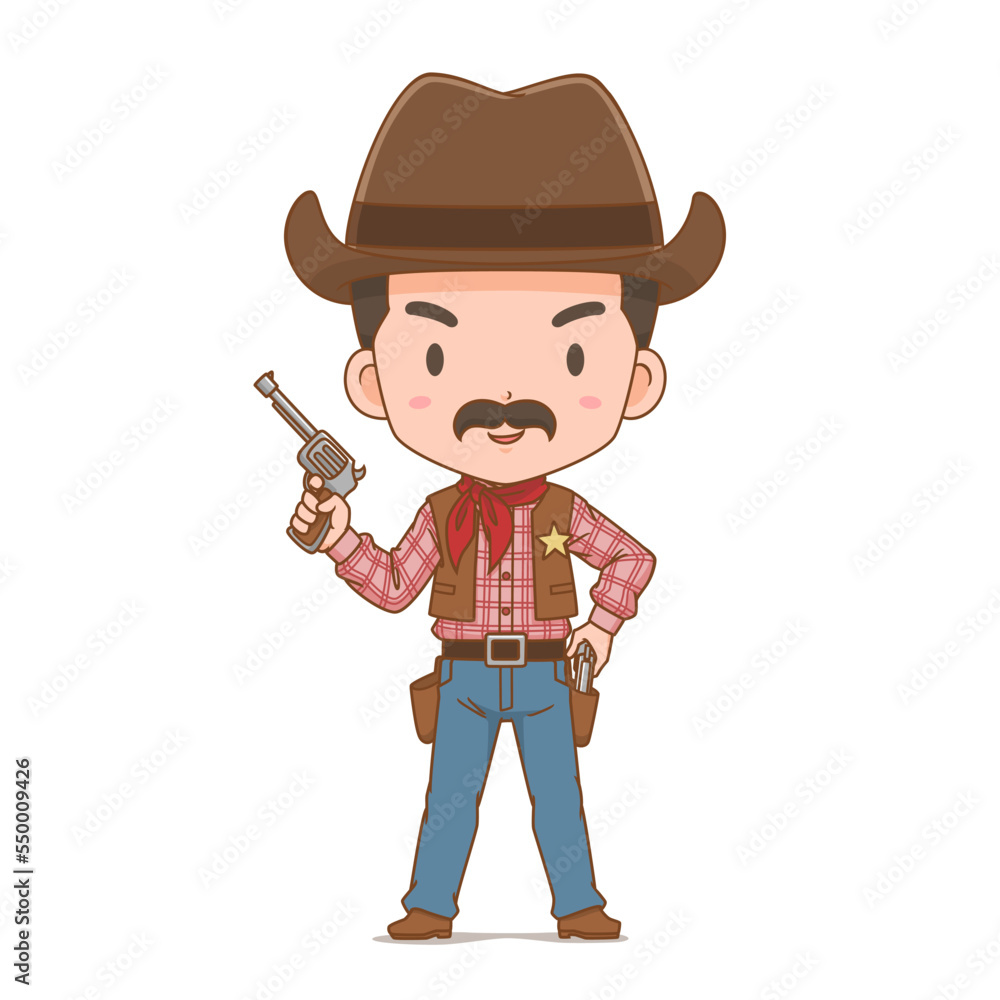 Cartoon character of cute cowboy holding gun.