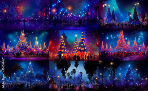 Christmas show on the streets of Los Angeles. Cartoon style. Multi colored fairy lights for the Christmas tree. Advertising for books  illustrations and cartoons.