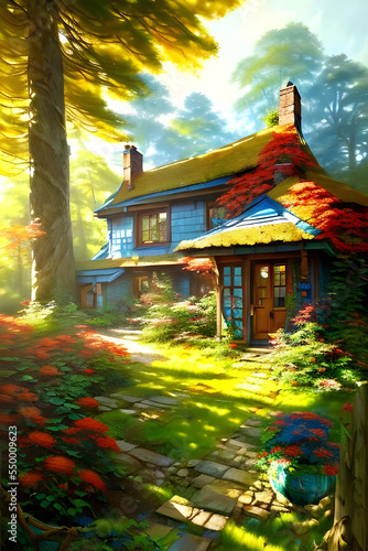 an old, enchanted and overgrown half-timbered house with elaborate wall painting in a fabulously imaginative colourful forest on a sunny day, bright colours, sunlight, colourful leaves, painting 