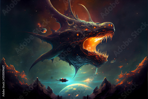Deep space serpent like monster eating planets