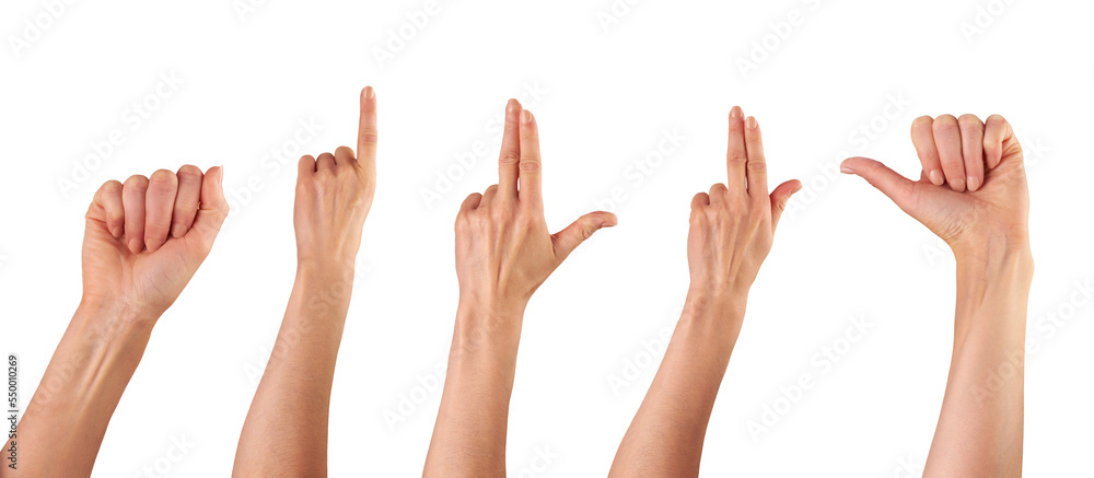 Female, women's hands with fingers pointing isolated against a transparent background.