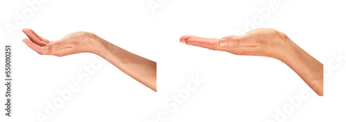Fotografia Female, women's hands, palms facing up as if holding something isolated against a transparent background