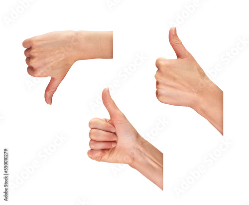 Female, women's hands with thumbs up sign isolated against a transparent background.
