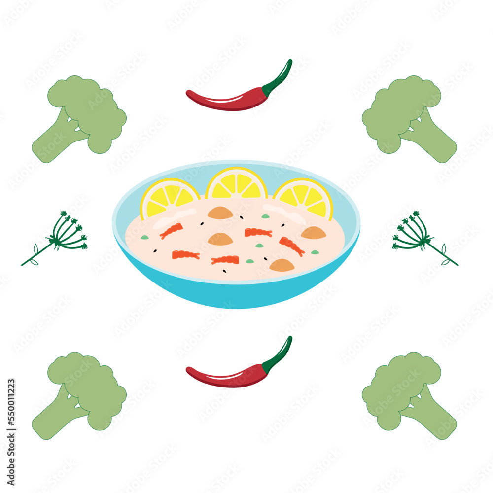 Japanese seafood soup. Flat cartoon. Japanese seafood soup. Flat cartoon.