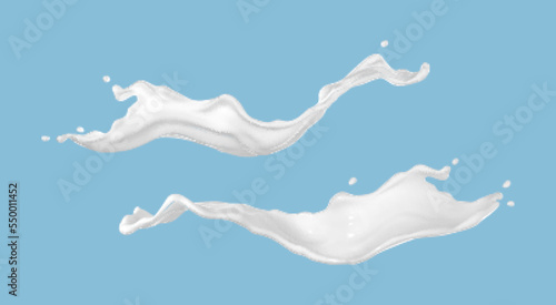 Milk splashes isolated on blue background. Realistic vector illustration