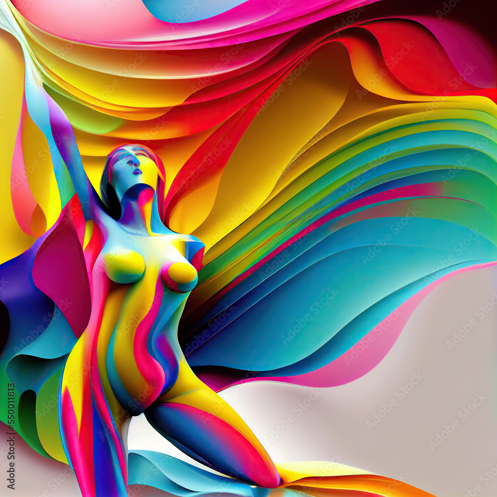 Vibrant multicolored depiction of a female form with fluid waves and swirls. Radiates surreal artistry, perfect for modern design, ads, and creative projects.  generative ai 