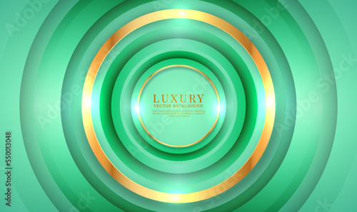 3D green luxury abstract background overlap layers on bright space with golden circles decoration. Graphic design element twist style concept for banner, flyer, card, brochure cover, or landing page