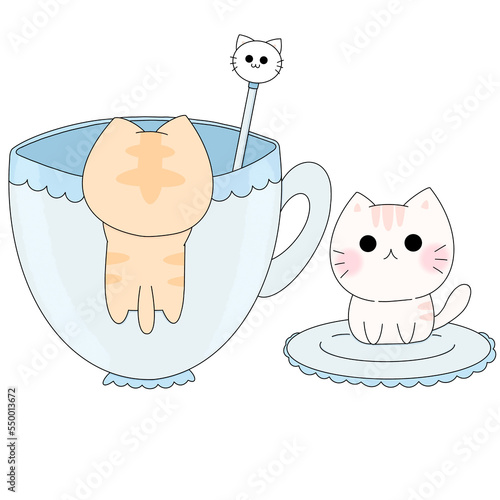Cute cat with cup of tea at afternoon tea pastel color