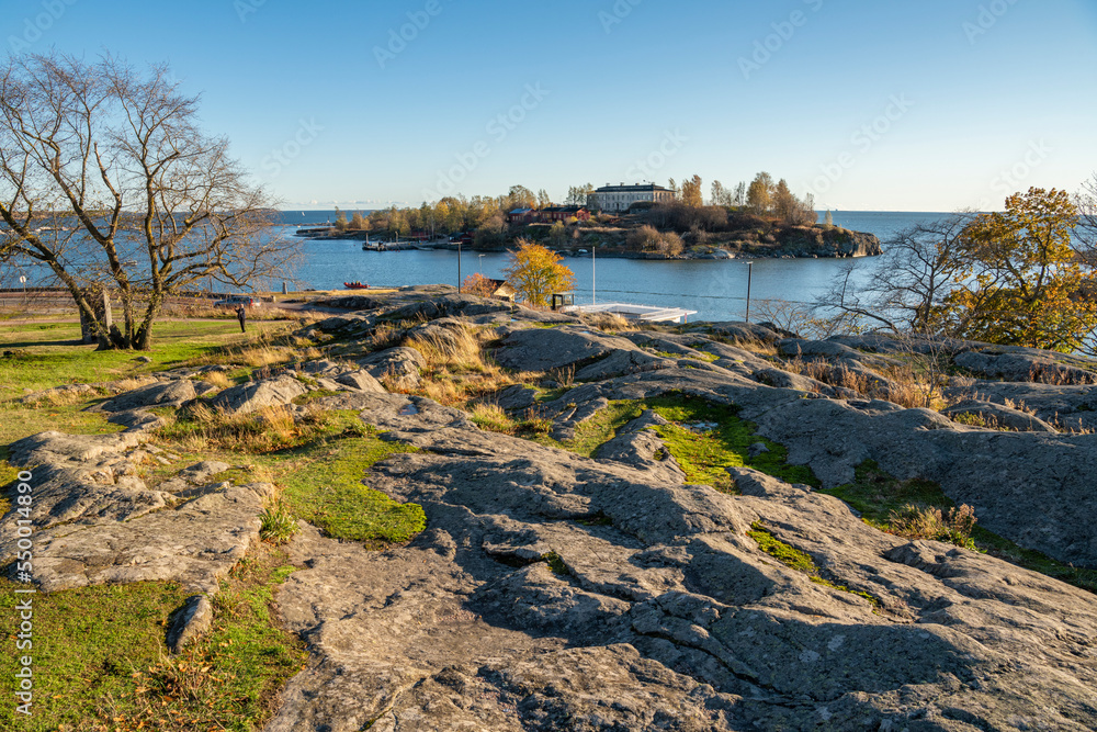 View of The Kaivopuisto park, Harakka island and Gulf of Finland in autumn, Helsinki, Finland