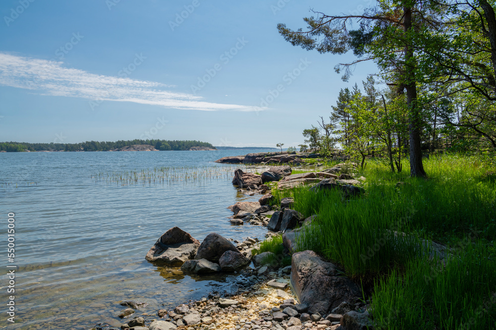 Rocky coastal view and Gulf of Finland, trees, shore and sea, Kopparnas-Klobbacka area, Finland