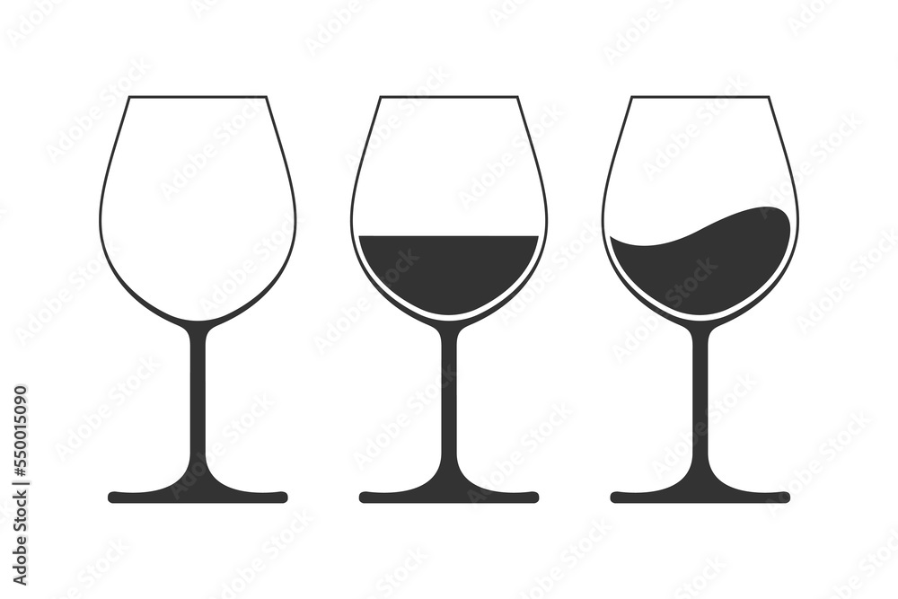 Wine glasses graphic icon set . Signs wine glasses with and without wine isolated on white background. Vector illustration