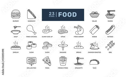 food meal cuisine gourmet delicious grocery restaurant detailed thin line outline icon set. simple vector illustration