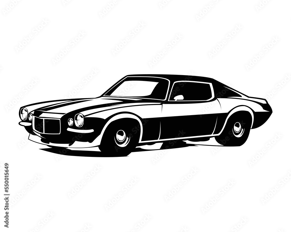 Chevy camaro 1970s silhouette isolated on white background view from side. best for logos, badges, emblems, icons, available in eps 10.