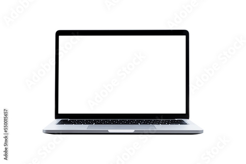 Laptop computer with blank transparent screen and background- PNG format. photo