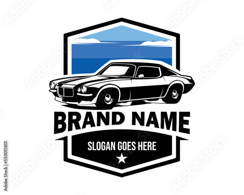 1970s Chevy camaro logo isolated on white background showing from the side with a stunning view of the blue sky. Best for badge, emblem, icon, sticker design and car industry. vector illustration avai