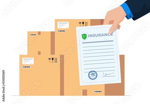Freight cargo delivery insurance concept. Parcel package transportation protection coverage guarantee policy. Cardboard boxes with logistics courier safe service. Shipping risk management. Vector eps