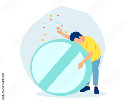 Vector of a sad man in depression hugging a pill. Concept of drug addiction.