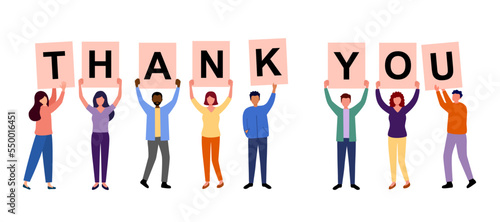 People show thank you message via text sign in flat design on white background.