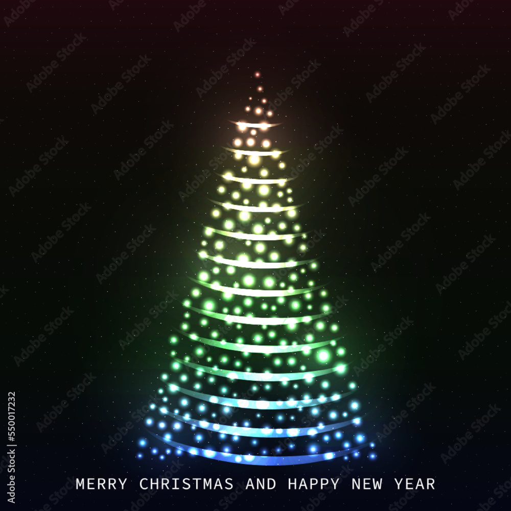 Christmas tree on black background with stars. Colorful glittering Christmas tree. Merry Christmas andHappy New Year holiday celebration. Bright shiny design. Vector illustration. Christmas tree on black background with stars. Colorful glittering Christmas tree. Merry Christmas andHappy New Year holiday celebration. Bright shiny design. Vector illustration.
