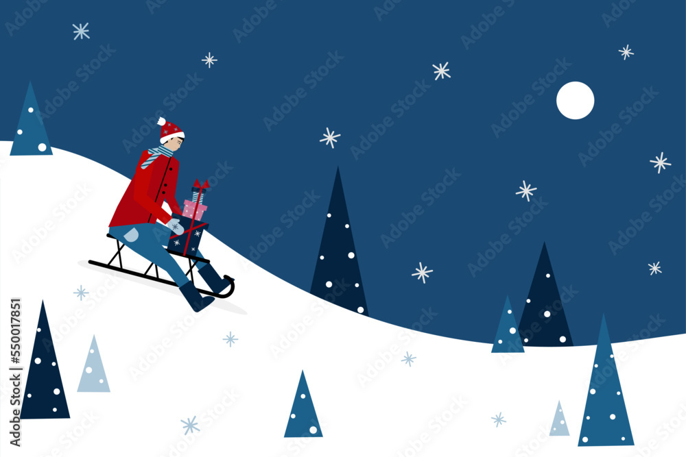 Cute Christmas vector illustration of a man on the sleigh with red hat and scarf is holding stack of presents, carrying to home or office against dark sky, snow and moon. Christmas preparations.