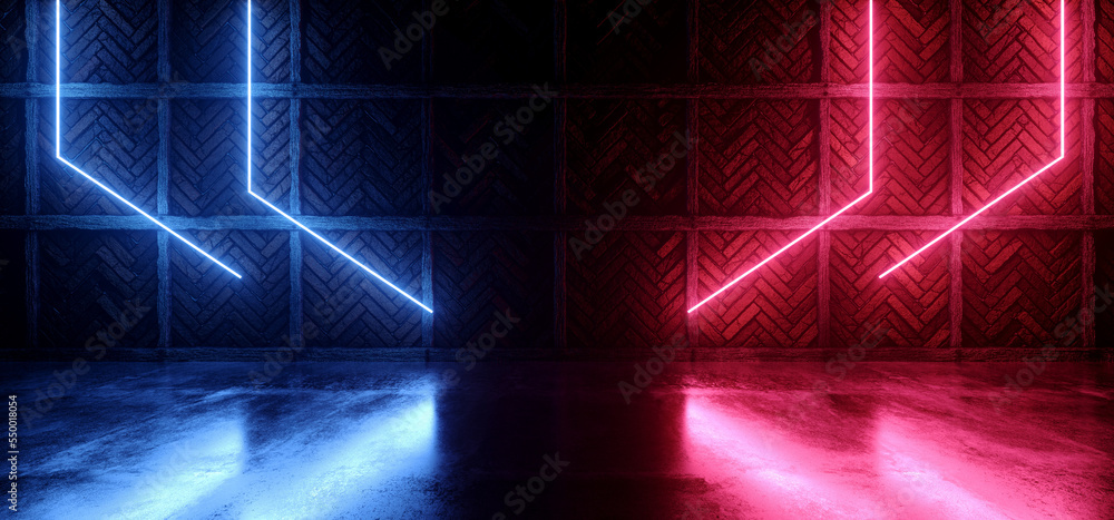 Neon Laser Cyber Purple Red Blue Lights On Medieval Brick Wood Grunge Old Wall Concrete Glossy Cement Floor Showroom Club Dark Stage 3D Rendering Neon Laser Cyber Purple Red Blue Lights On Medieval Brick Wood Grunge Old Wall Concrete Glossy Cement Floor Showroom Club Dark Stage 3D Rendering