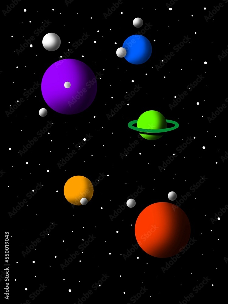 Digital Illustration of Colorful Planets with Moons Digital Illustration of Colorful Planets with Moons