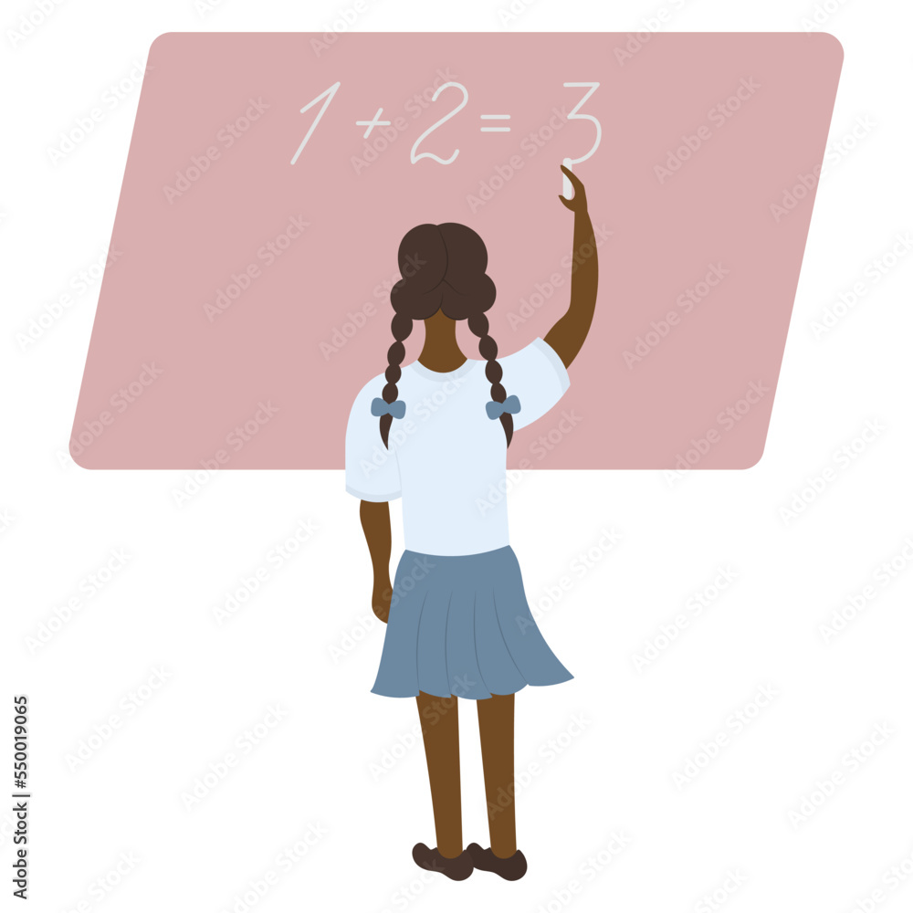 The schoolgirl writes on the blackboard with chalk. A student solves a math problem. Vector illustration. African American girl with pigtails, view from the back. School theme. Flat style. The schoolgirl writes on the blackboard with chalk. A student solves a math problem. Vector illustration. African American girl with pigtails, view from the back. School theme. Flat style.
