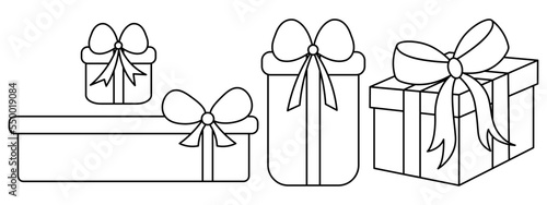 Collection of gifts in boxes. Sketch. Surprises are tied with a bow. Set of vector illustrations. Presents of different sizes and shapes. Isolated background. Coloring book for children. Doodle style.
