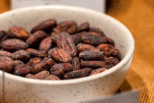 Bowl of dried cacao beans in a white bowl