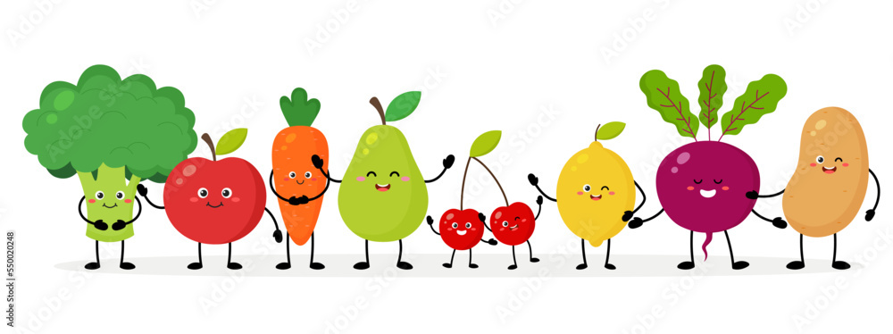 Fruits and vegetables characters with different poses and emotions. Healthy food. Vector illustration on a white background. Cheerful food mascots in flat design. Fruits and vegetables characters with different poses and emotions. Healthy food. Vector illustration on a white background. Cheerful food mascots in flat design.