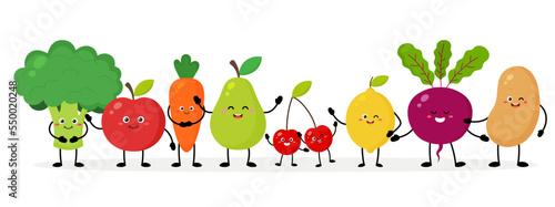 Fruits and vegetables characters with different poses and emotions. Healthy food. Vector illustration on a white background. Cheerful food mascots in flat design. © Didika