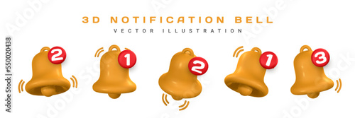 3d notification bell. Cute realistic yellow ringing bell. Vector illustration
