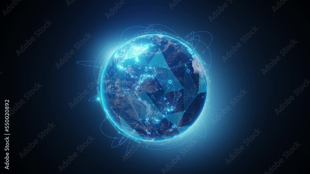4K resolution, Digital Grid earth background. Internet connection by satellites. Global network connection, 3d rendering, blue radial glowing.