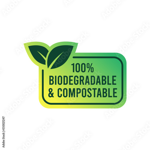 Biodegradable and compostable recyclable vector icon. 100 percent bio recycling package green leaf logo