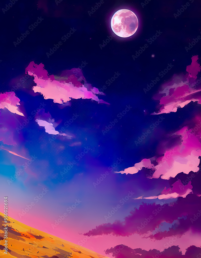 landscape with clouds, sky with moon and clouds, pink and blue sky, anime-style sky, fiction landscape, illustration, digital