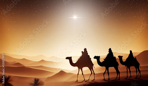 Foto Biblical illustration series, nativity scene of The Holy Family and three wise men