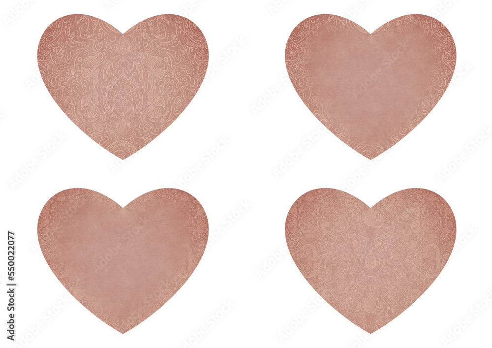 Set of 4 heart shaped valentine's cards. 2 with pattern, 2 with copy space. Pale pink background and light beige pattern on it. Cloth texture. Hearts size about 8x7 inch / 21x18 cm (p01ab)