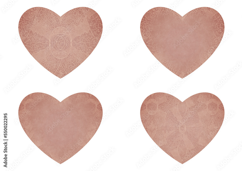 Set of 4 heart shaped valentine's cards. 2 with pattern, 2 with copy space. Pale pink background and light beige pattern on it. Cloth texture. Hearts size about 8x7 inch / 21x18 cm (p05ab)